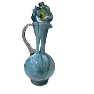 Vintage Fenton Art Glass Aqua Opalescent Fern Vinegar Cruet W/ Original Stopper